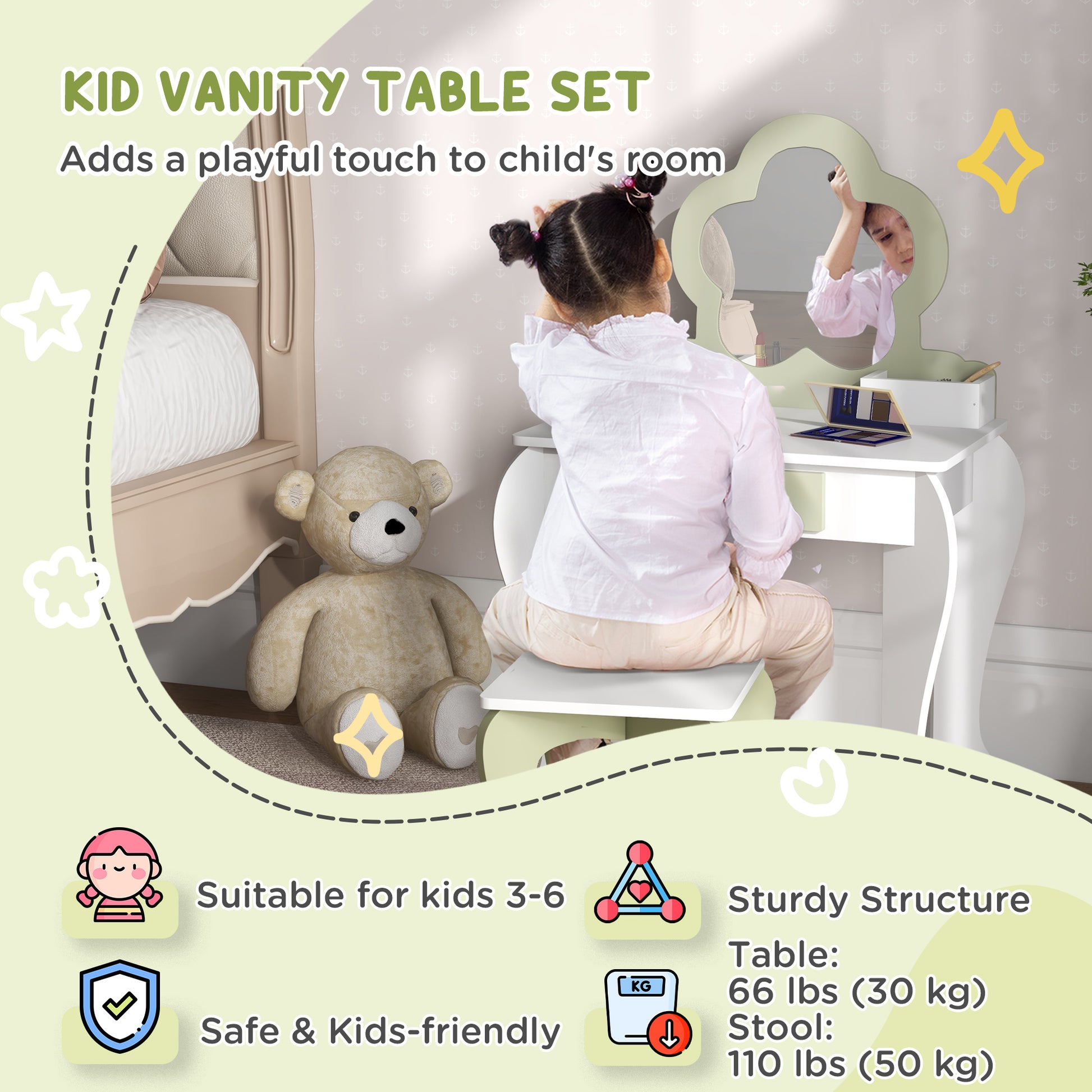 Qaba Kids Makeup Vanity Set with Stool, Mirror, Drawer, Storage Boxes, White