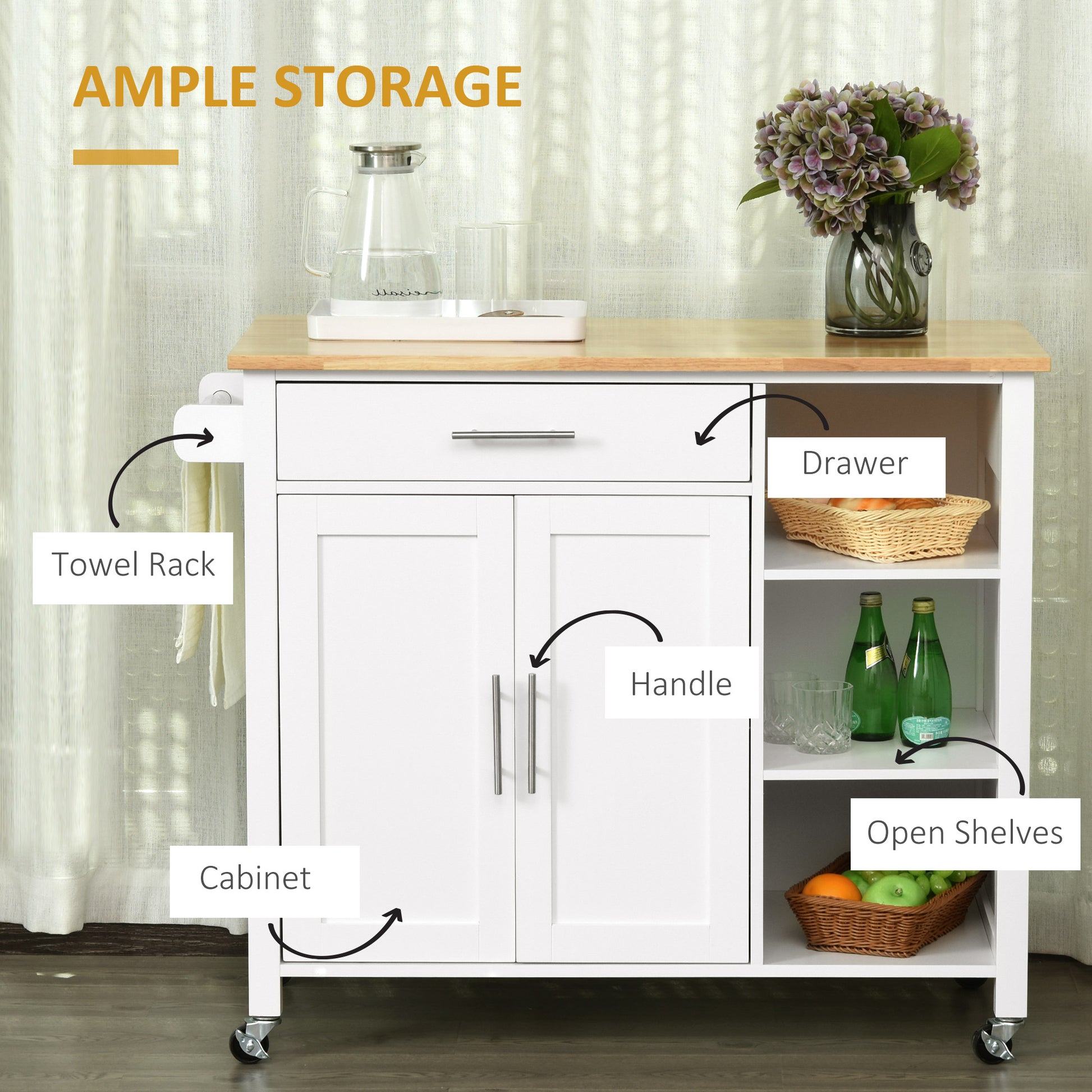 Wooden Rolling Kitchen Island on 360° Swivel Wheels Dining Cart with Drawer, Towel Rack for Kitchen, White