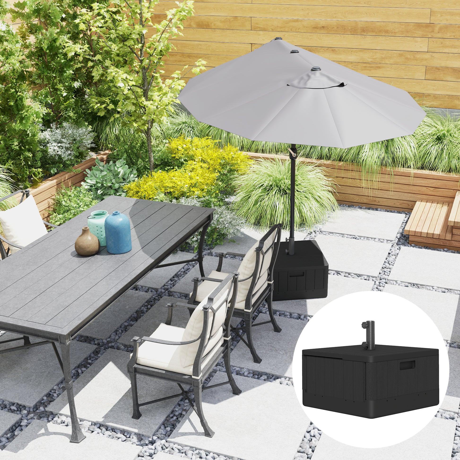 3-in-1 Patio Umbrella Base, Coffee End Table, Flower Box Planter with Wheels Handles, Square Plastic 176lb Stand/110lb Water Fillable Outdoor Garden Umbrella Stand, Black