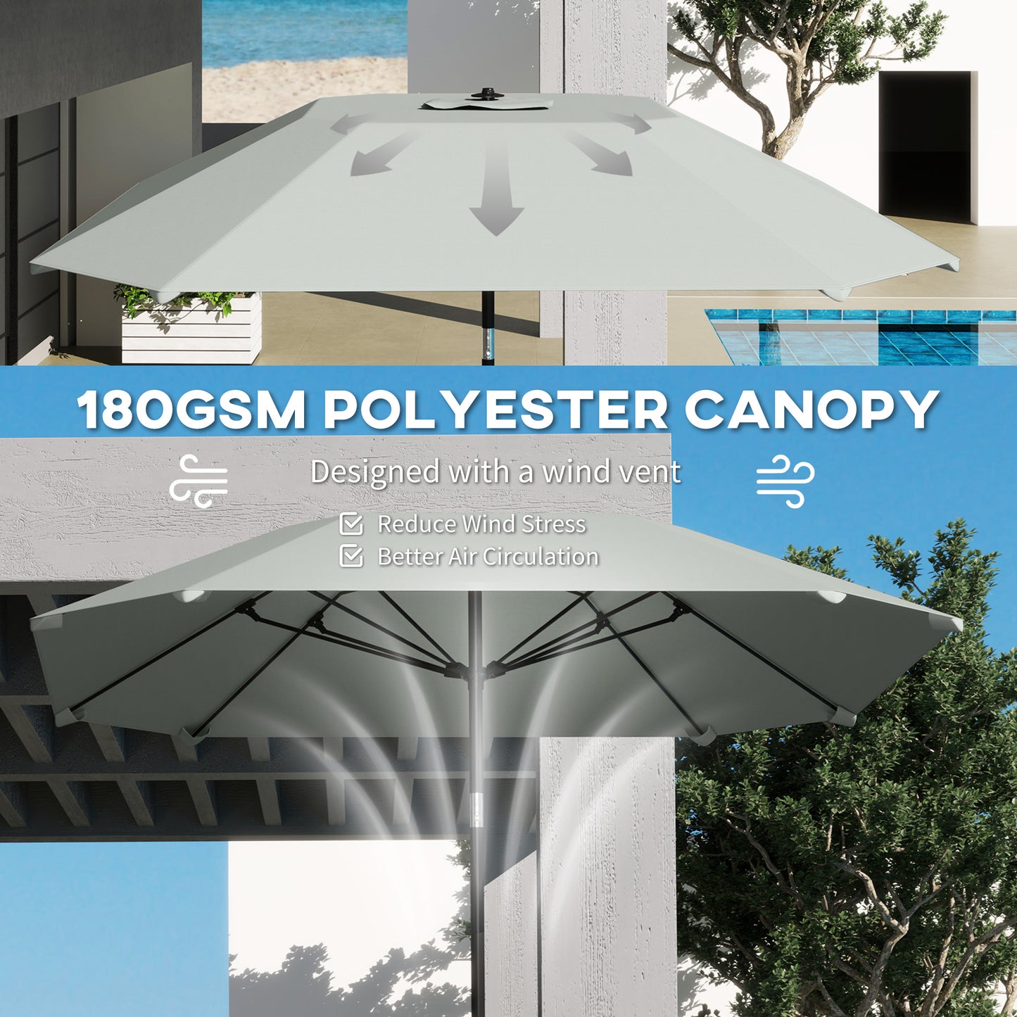 7.6FT Aluminum Patio Umbrella Parasol 8 Ribs Outdoor Market Umbrella with Crank, Push Button Tilt for Deck, Backyard and Lawn, Light Grey