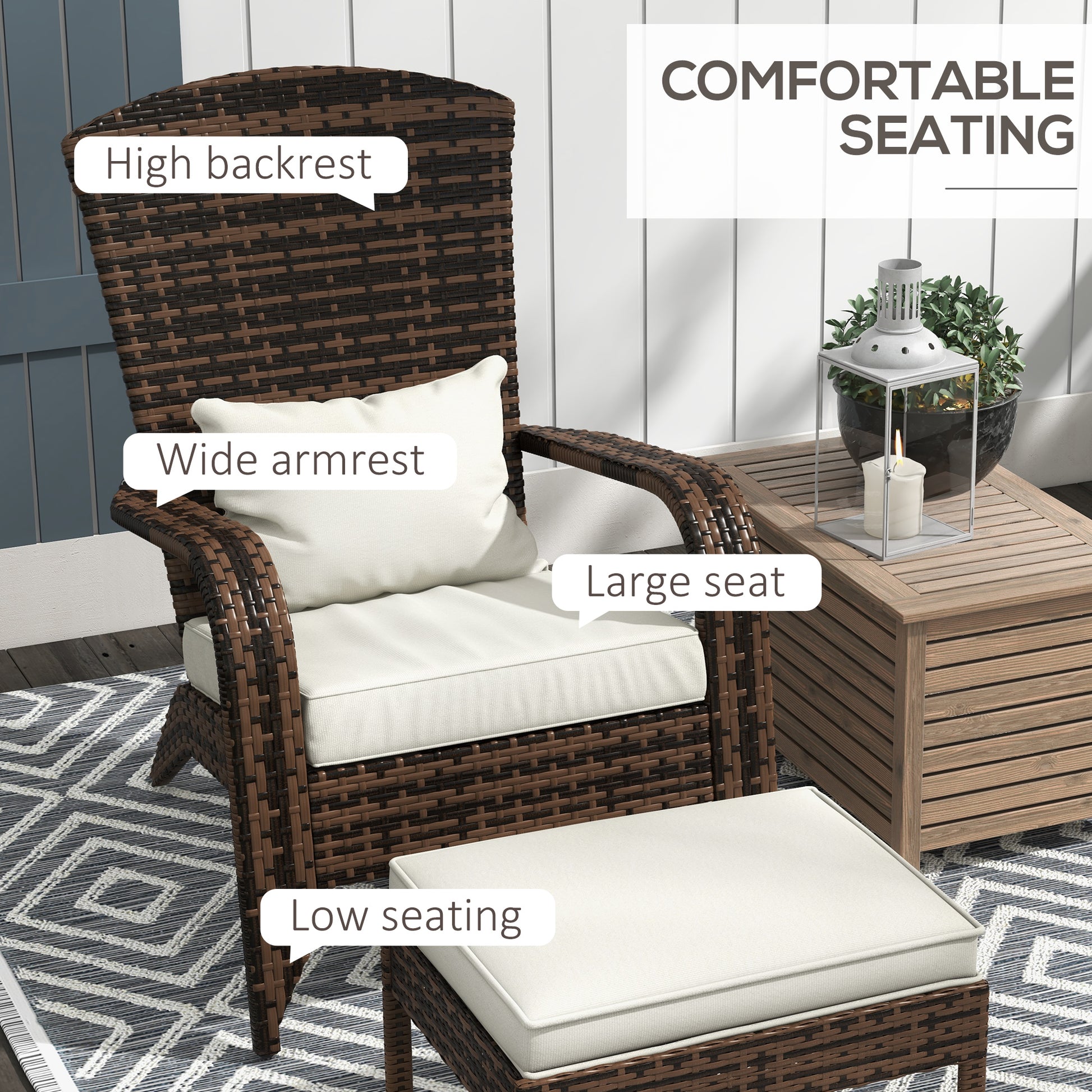 Wicker Adirondack Chair with Ottoman, Patio Cushioned Muskoka Chair with Armrests Brown/Cream White
