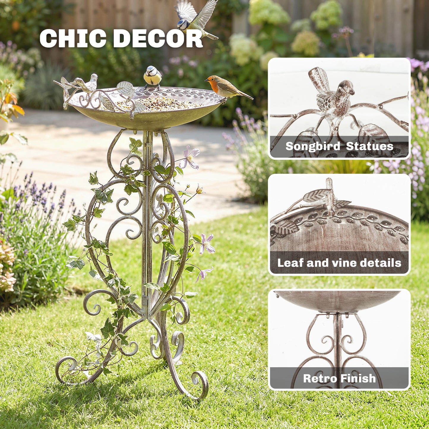 30" Tall Bird Bath with Bird Statues and Decorative Stand, Freestanding Vintage Garden BirdBath Bowl Pedestal, Brown