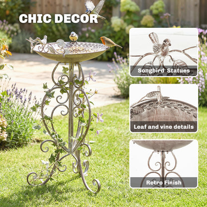 30" Tall Bird Bath with Bird Statues and Decorative Stand, Freestanding Vintage Garden BirdBath Bowl Pedestal, Brown