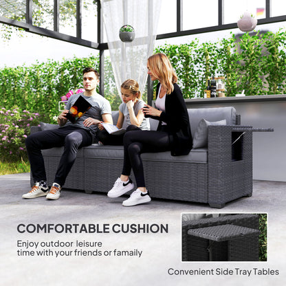 3 Seater Wicker Patio Sofa with Side Trays, Outdoor Couch with 6" Thick Back Cushions, Deep Seating, Grey