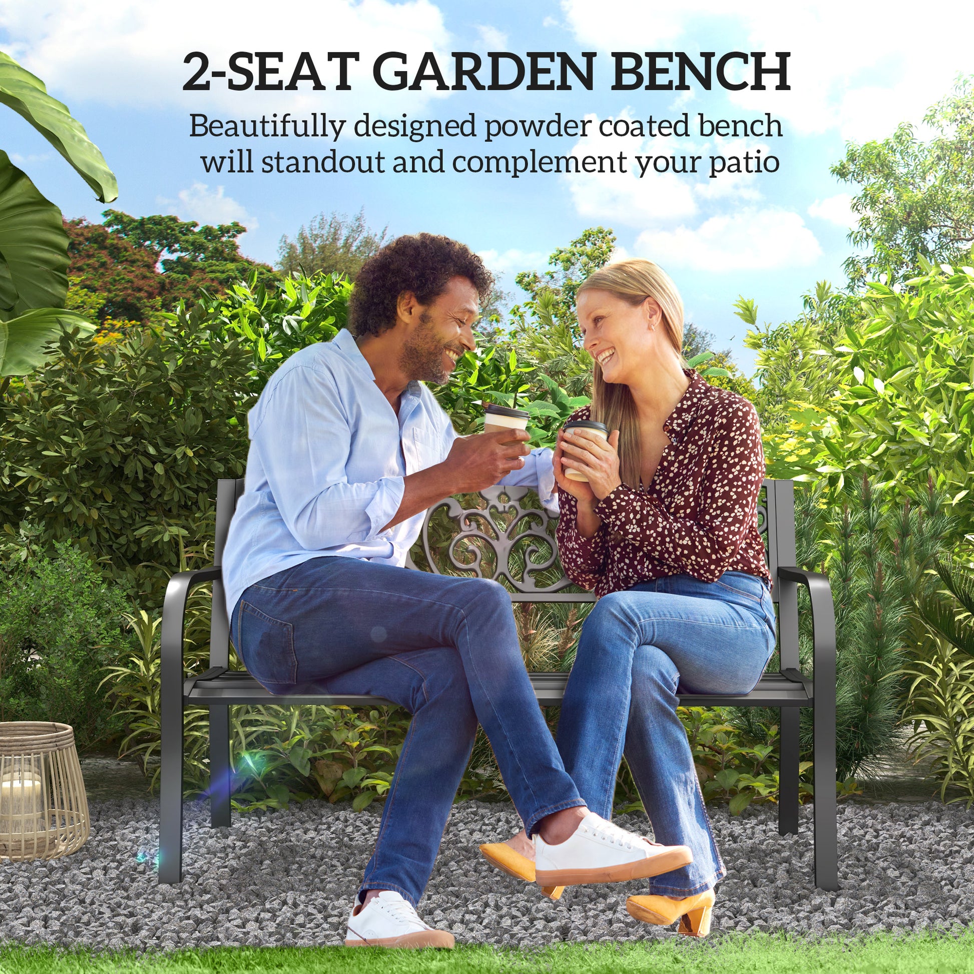 50" 2-Seater Garden Bench Chair, Outdoor Blossoming Pattern Garden Decorative Loveseat Bench for Yard, Lawn, Porch, Black