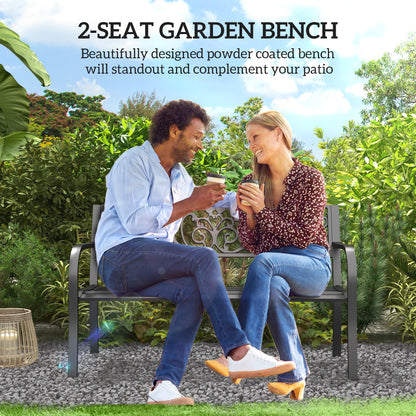 50" 2-Seater Garden Bench Chair, Outdoor Blossoming Pattern Garden Decorative Loveseat Bench for Yard, Lawn, Porch, Black
