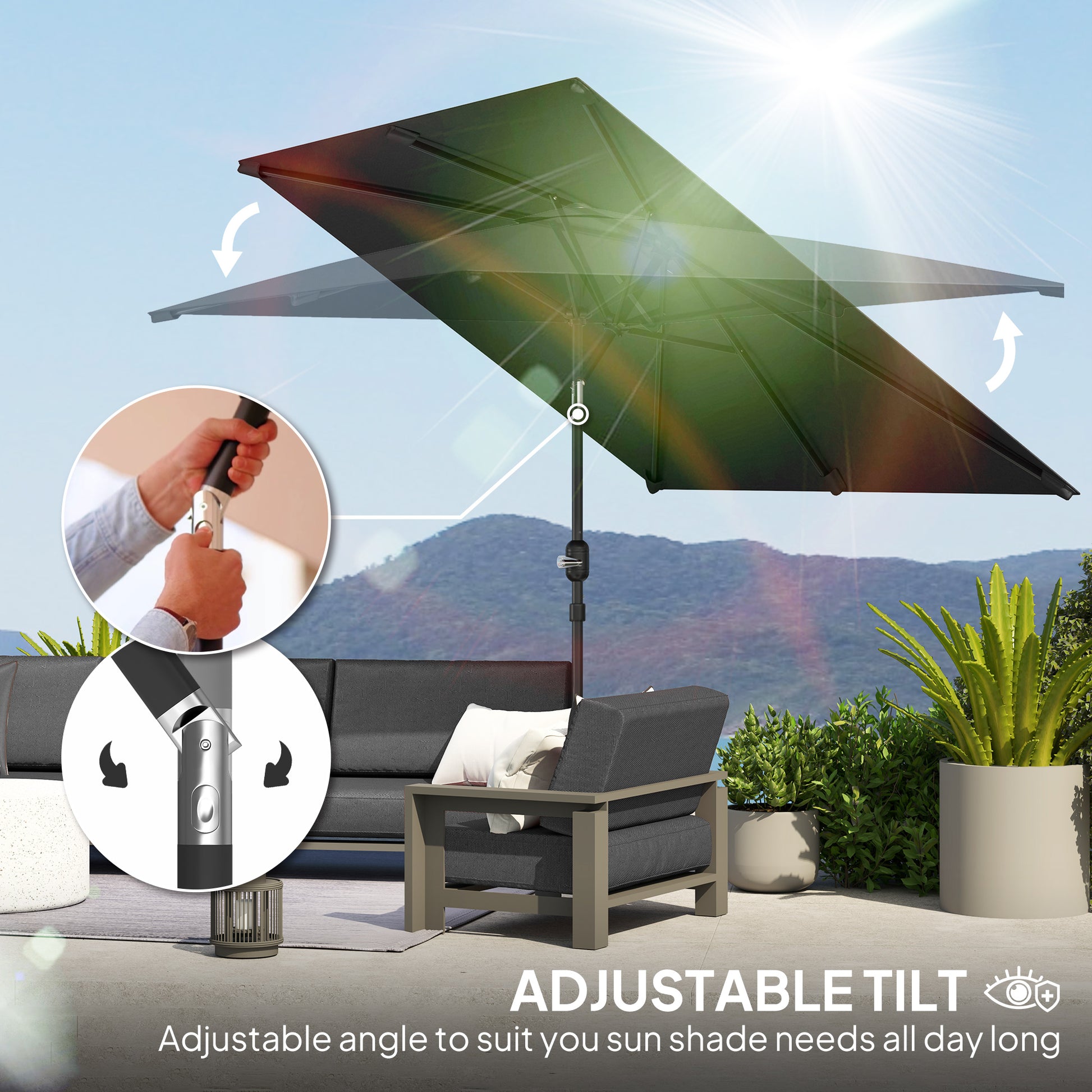 6.6x9.6ft Rectangle Aluminum Tilt Patio Umbrella, Garden Market Parasol, Outdoor Sunshade Canopy with Crank, Dark Grey