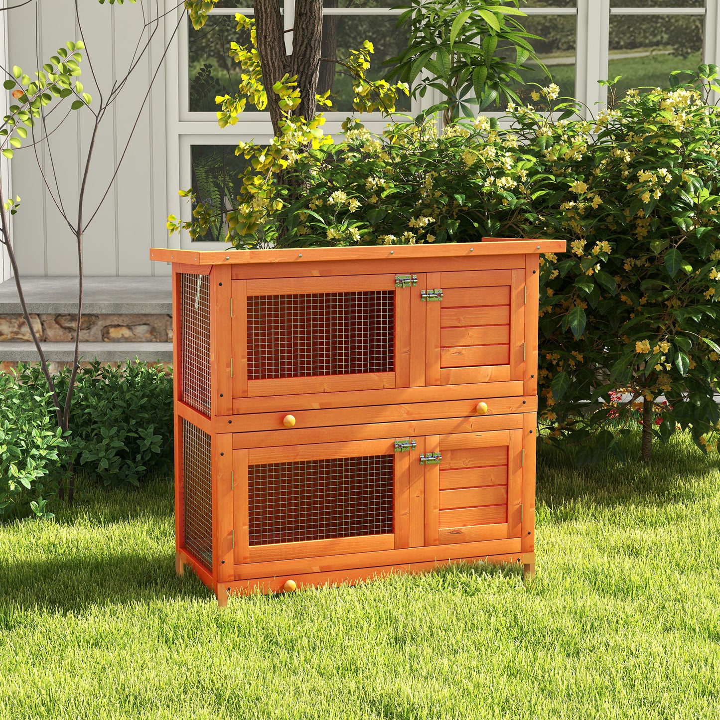 2-Tier Wooden Rabbit Hutch Small Animal House Bunny Pet Cage with 2 Main Rooms, Sliding Tray, Opening Top, Yellow
