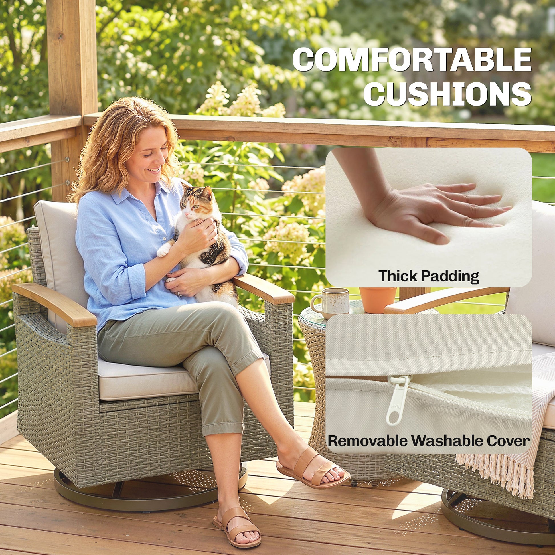Patio Outdoor Swivel Chairs Set of 2, PE Rattan Patio Wicker Chair with Soft Cushions, Steel Frame, Cream White