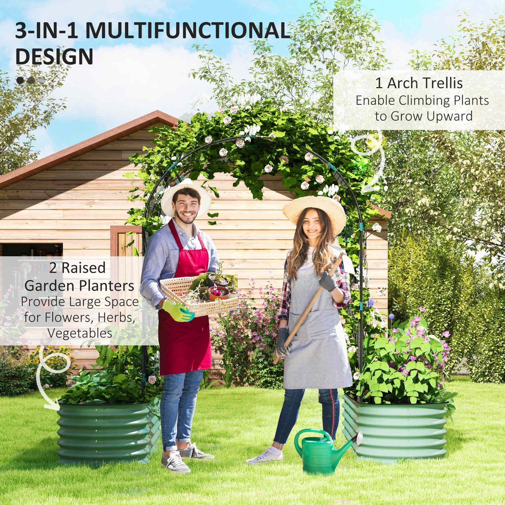 Galvanized Raised Garden Beds with Arch Trellis, Metal Planter Box with Climbing Net, Rubber Strap Edging, Open Bottom
