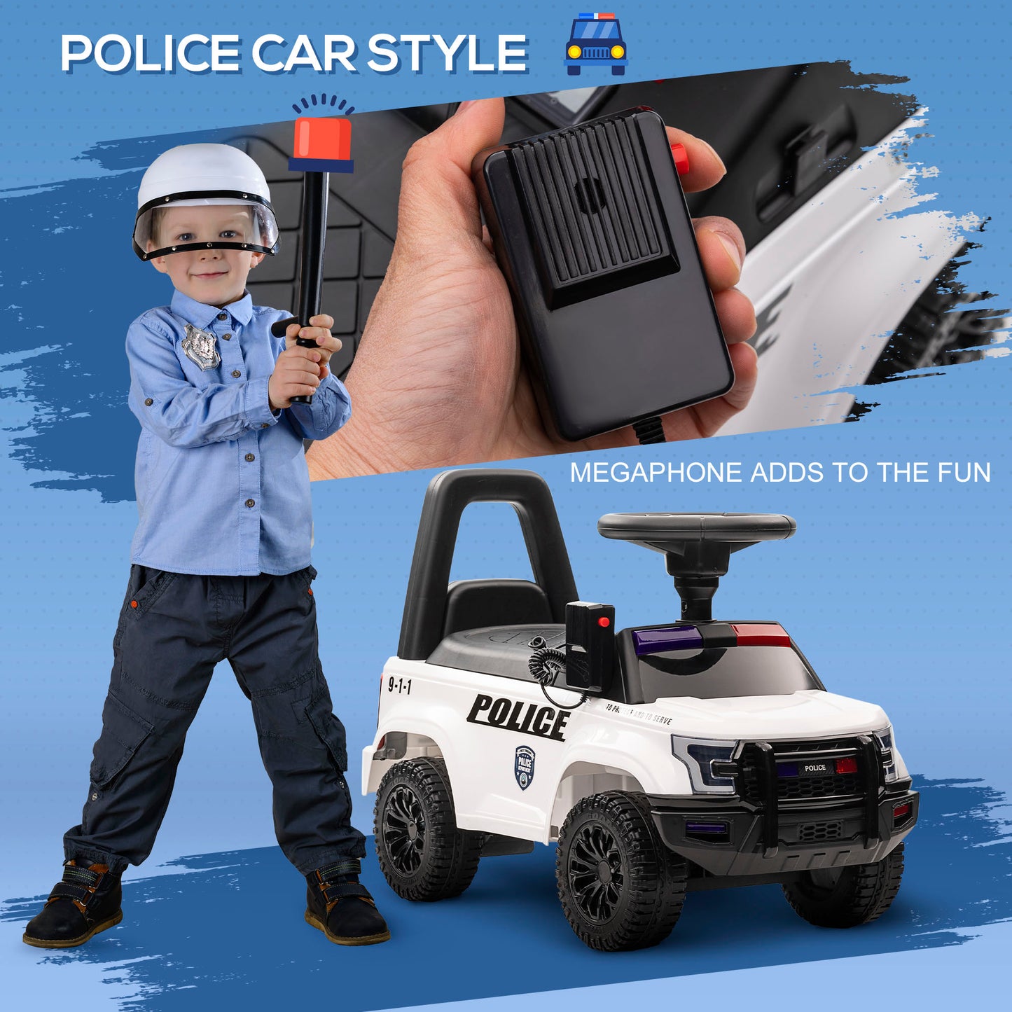 Aosom Kids Ride On Sliding Car with Hidden Under Seat Storage, Ride On Police Car for Toddler with Megaphone, Anti Dumping Device, Removable Backrest, Foot-to-Floor Design, White