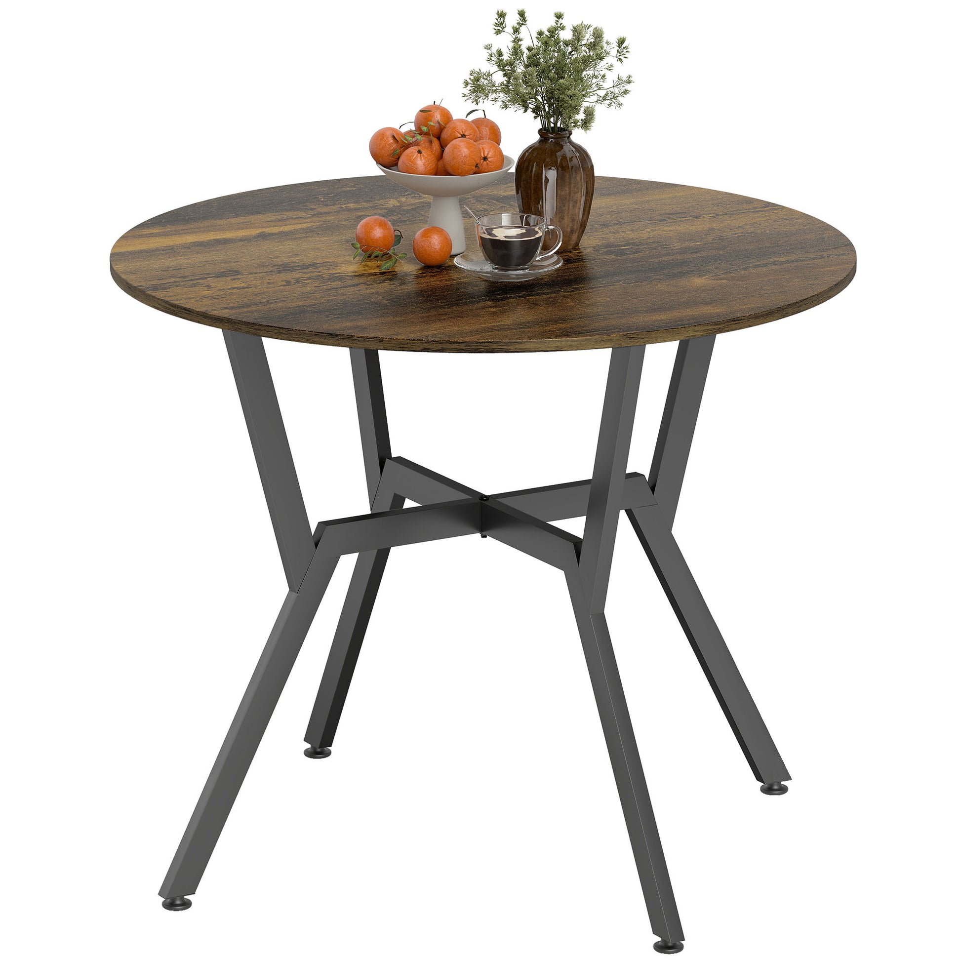 35" Round Dining Table, Modern Dining Room Table with Steel Frame, Space Saving Small Kitchen Table, Rustic Brown