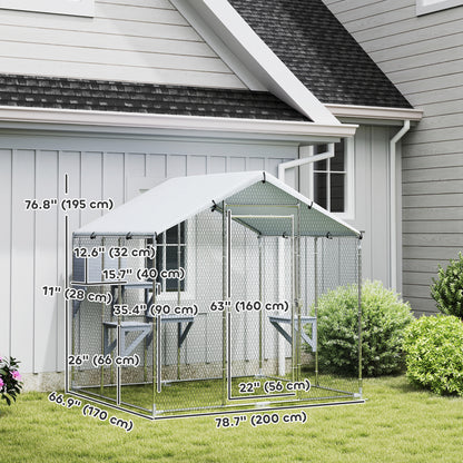 79" Extra Large Metal Outdoor Catio with Waterproof Cover, Resting Box, 4 Platforms, for Multiple Rabbits, Chicken