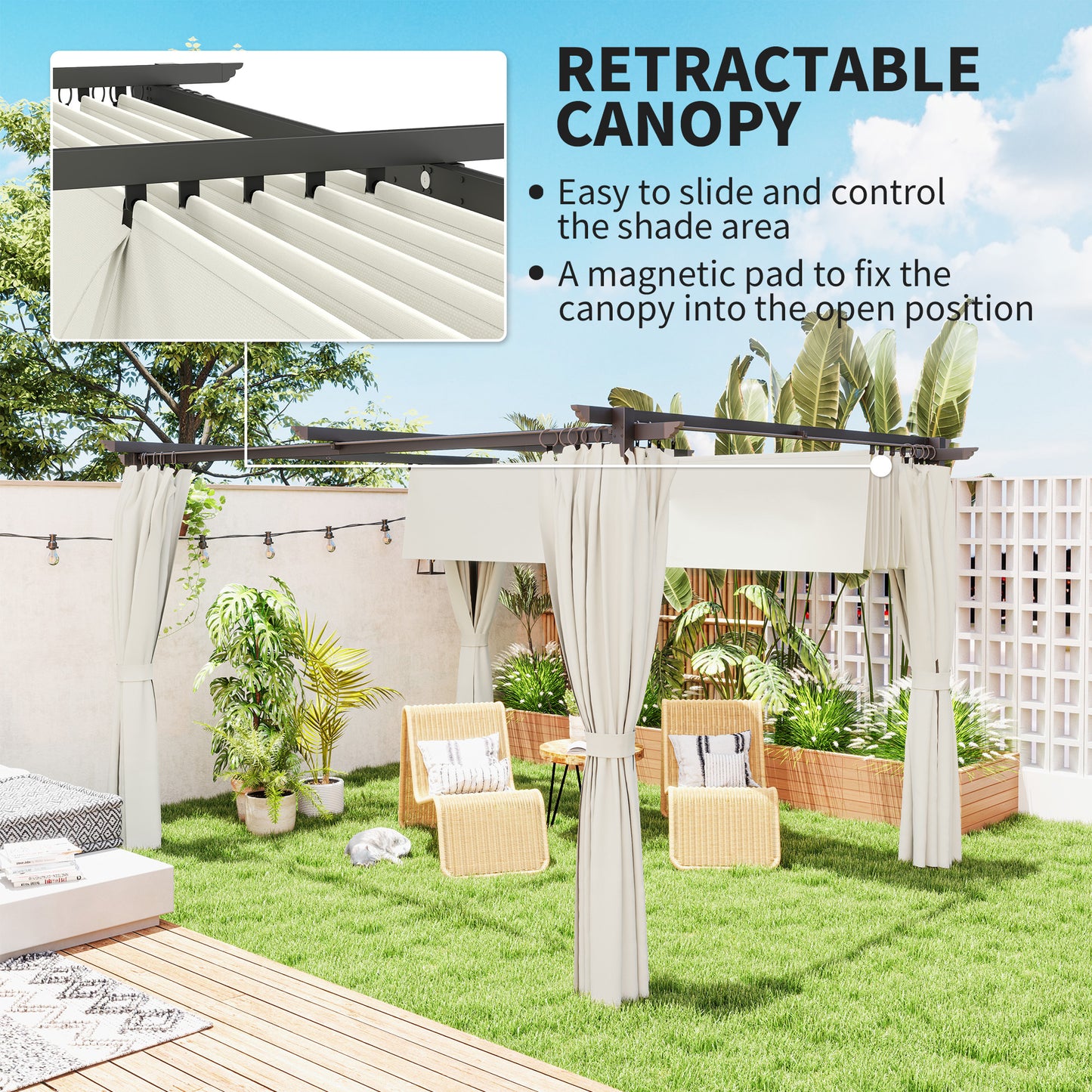 10' x 13' Pergola with Retractable Canopy and Curtains, UPF30+ Sun Shade Shelter for Grill, Garden, Backyard, Deck