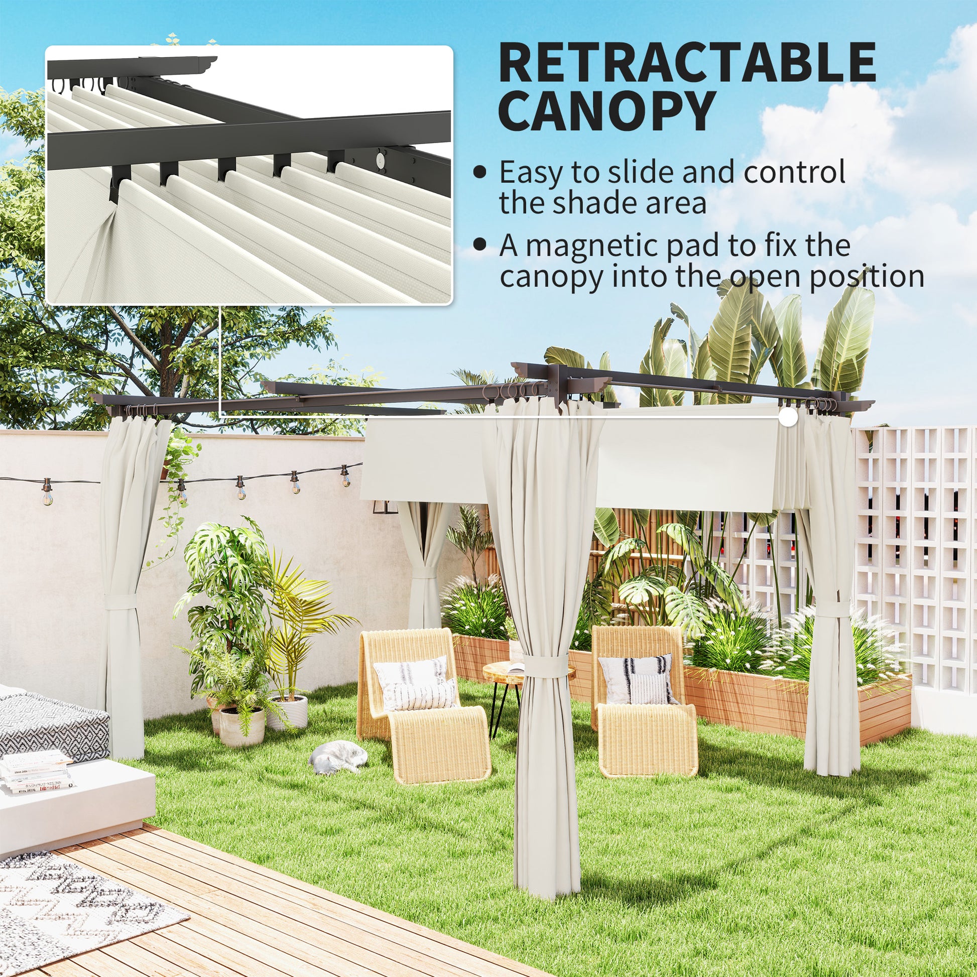 10' x 13' Pergola with Retractable Canopy and Curtains, UPF30+ Sun Shade Shelter for Grill, Garden, Backyard, Deck