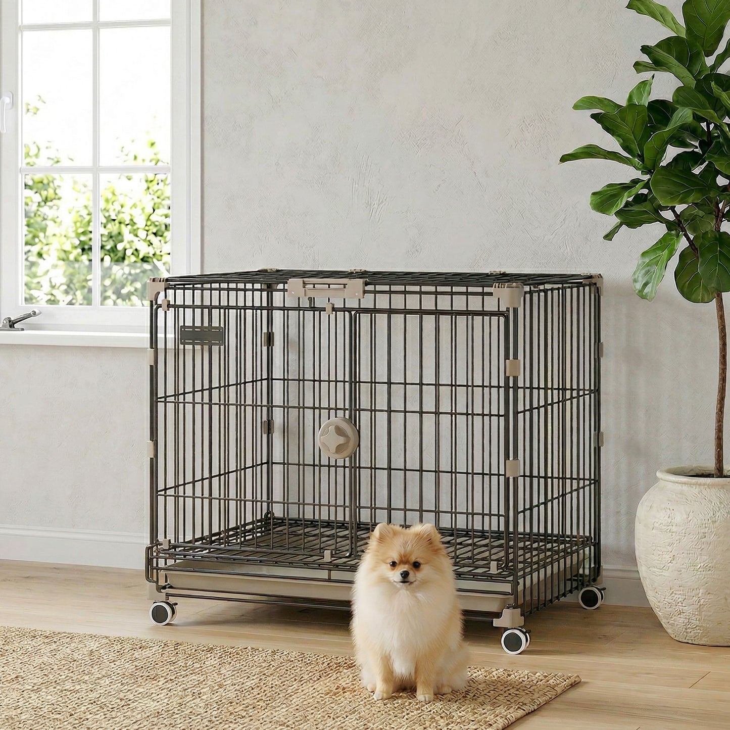 Dog Crate, 24 Inch Metal Dog Cage with Removable Tray, Lockable Wheels, 2 Doors for Small Medium Breeds, Black