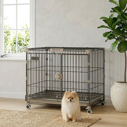 Dog Crate, 24 Inch Metal Dog Cage with Removable Tray, Lockable Wheels, 2 Doors for Small Medium Breeds, Black