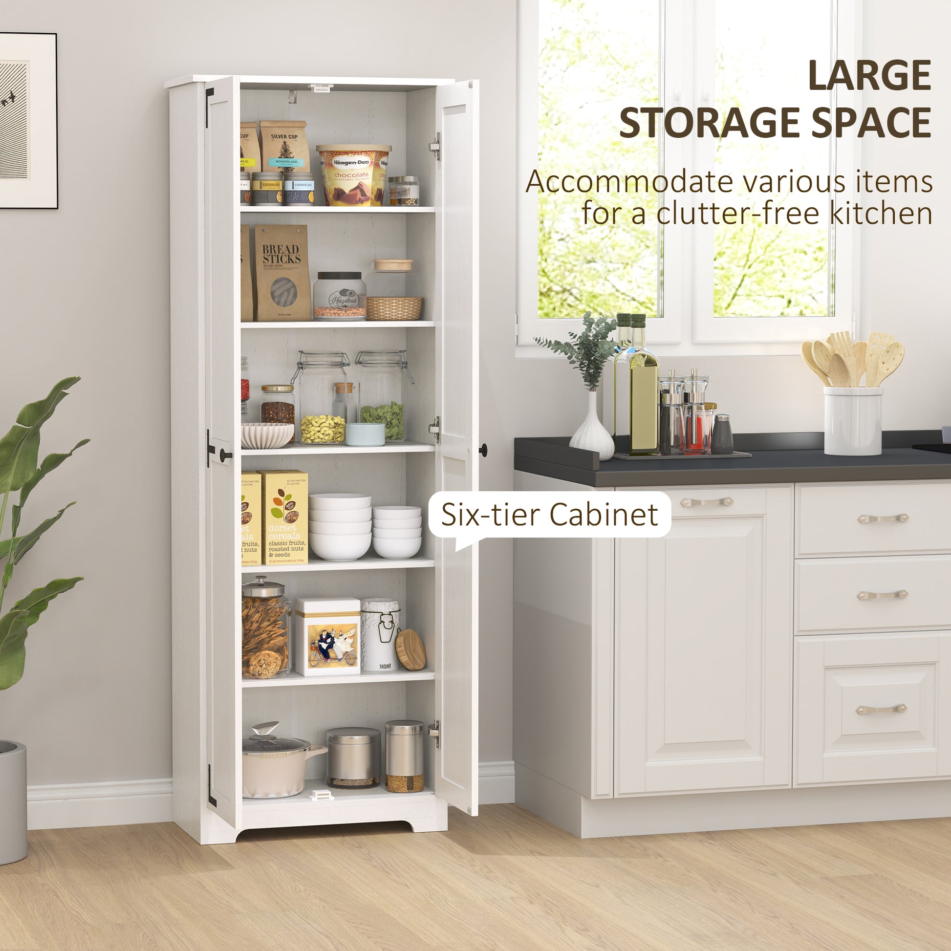67" Farmhouse Pantry Cabinet with 2 Doors, Tall Storage Cabinet with Adjustable Shelves, Distressed White
