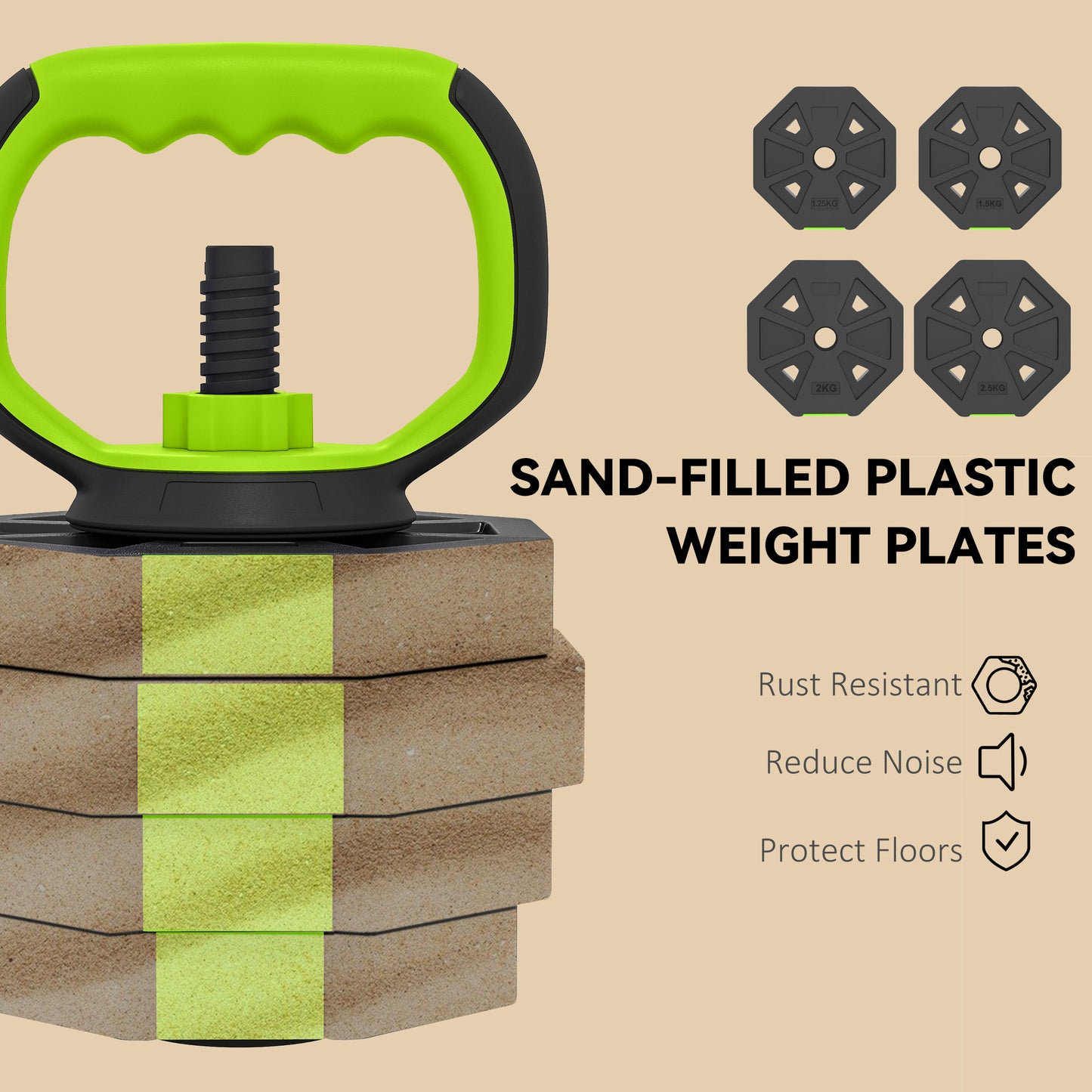 Soozier 6-in-1 Adjustable Dumbbell Set, Used as Kettlebell, Barbell, Dumbbell, Push-Up Stand, 66lbs Free Weights Set, Green