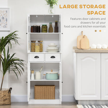 61" Kitchen Pantry Cabinet, Freestanding Farmhouse Buffet Storage Cabinet with Soft Close Glass Doors and Adjustable Shelves, White
