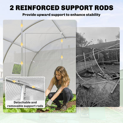 Walk-in Tunnel Greenhouse with 2 Support Rods, Mesh Door, Plant Hot House with PE Cover, 20'x10'x7', White