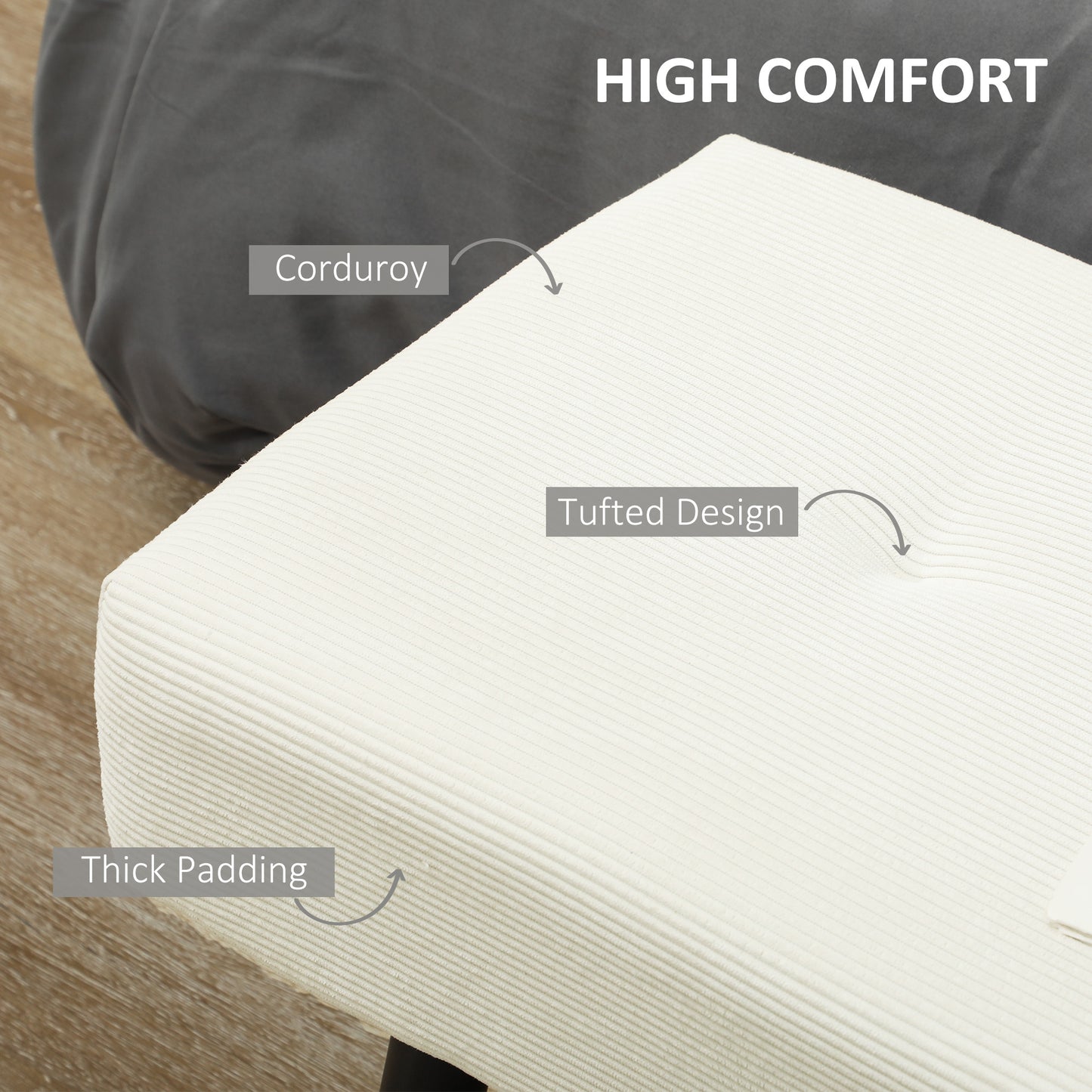 39" Upholstered Ottoman Bench, Corduroy Entryway Bedroom Bench with Padded Seat and Steel Legs for Bedroom, Cream White