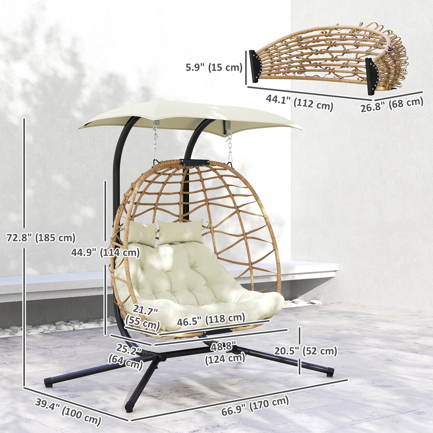 Double Wicker Egg Swing Chair with Canopy, Foldable Hanging Egg Chair with Stand Cushion Headrest, Beige