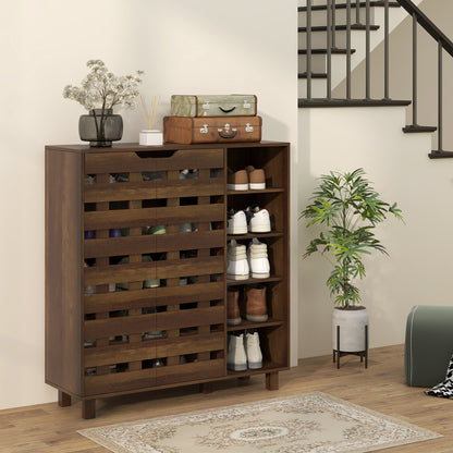 Shoe Cabinet, 21 Pair Shoe Storage Cabinet Organizer with 5-tier Double Door Cupboard and 5-tier Open Shelves, Brown