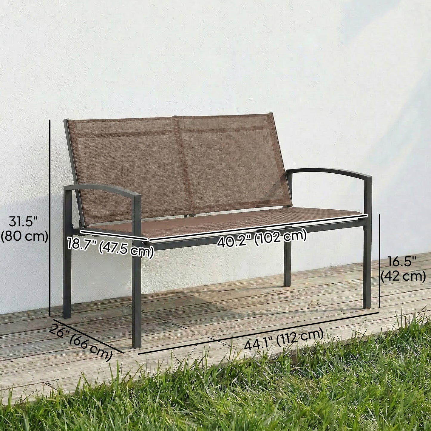 Outdoor Garden Bench, 44 in Metal Patio Garden Park Bench with Breathable Mesh Fabric, 484 lb Load Capacity, Dark Brown