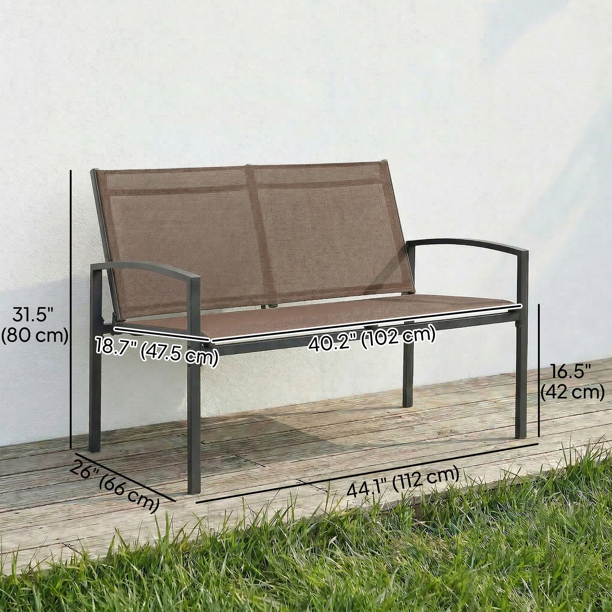 Outdoor Garden Bench, 44 in Metal Patio Garden Park Bench with Breathable Mesh Fabric, 484 lb Load Capacity, Dark Brown