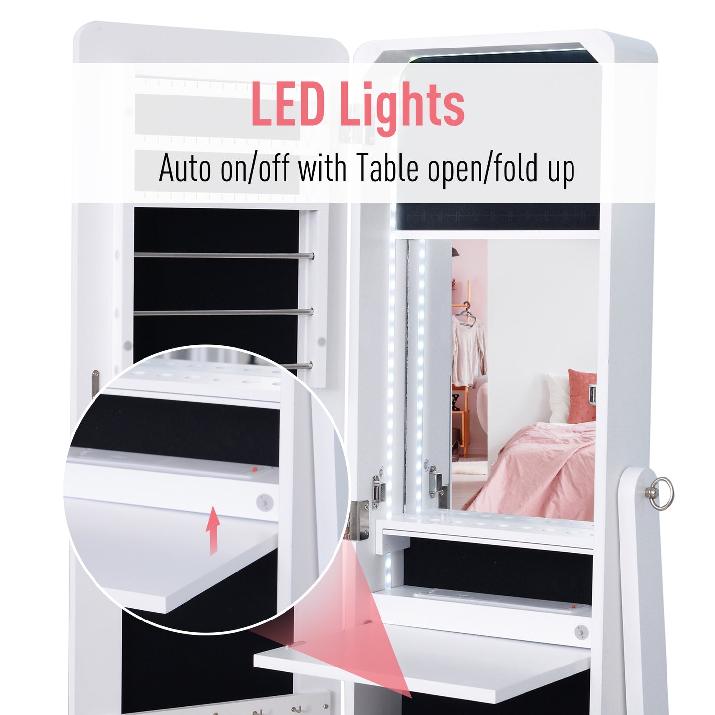 Freestanding Mirror Jewelry Cabinet Armoire, LED Lighted Jewelry Organizer with Stand, Angle Adjustable, White