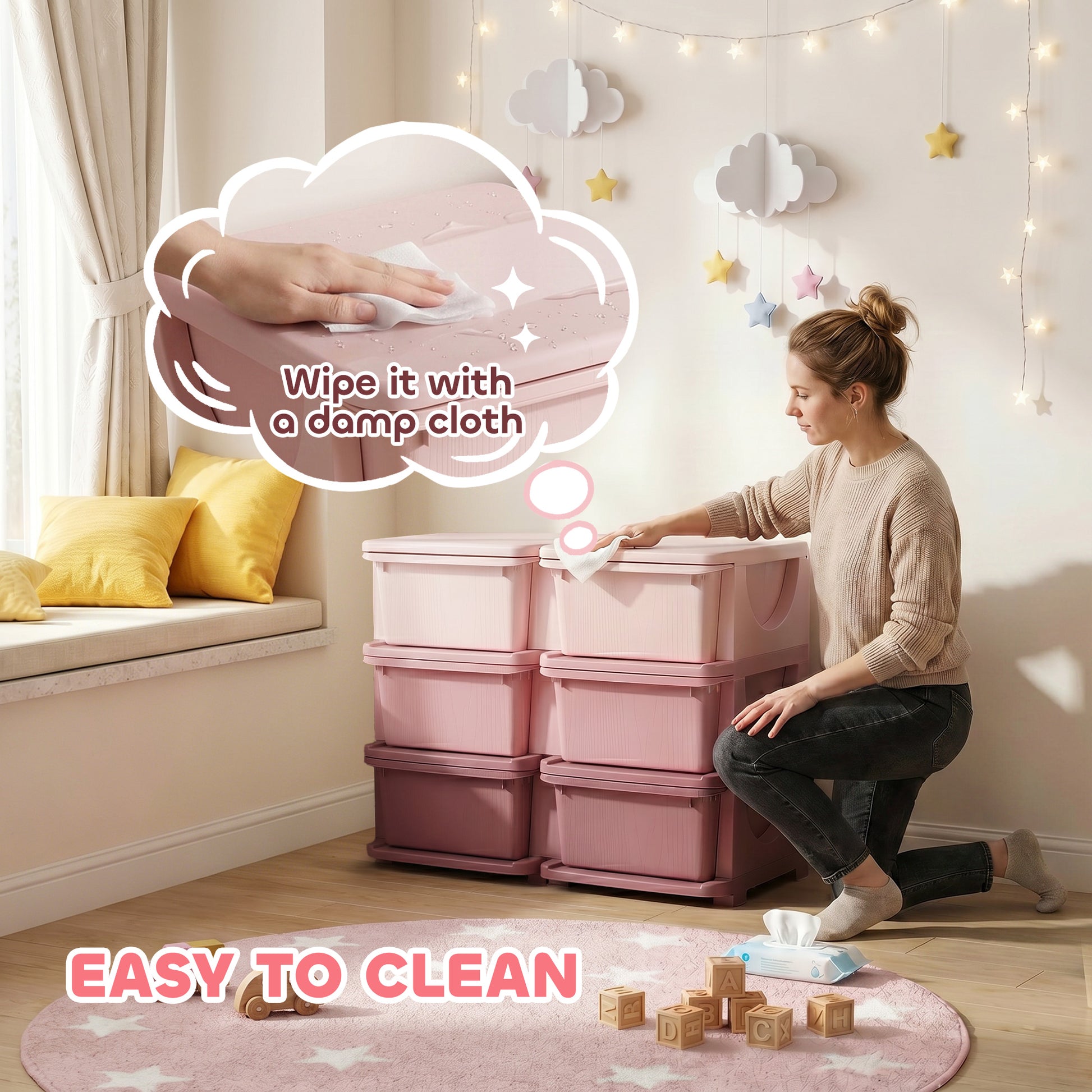Qaba 3 Tier Kids Toy Organizer and Storage Bins with 6 Plastic Drawers, Pink