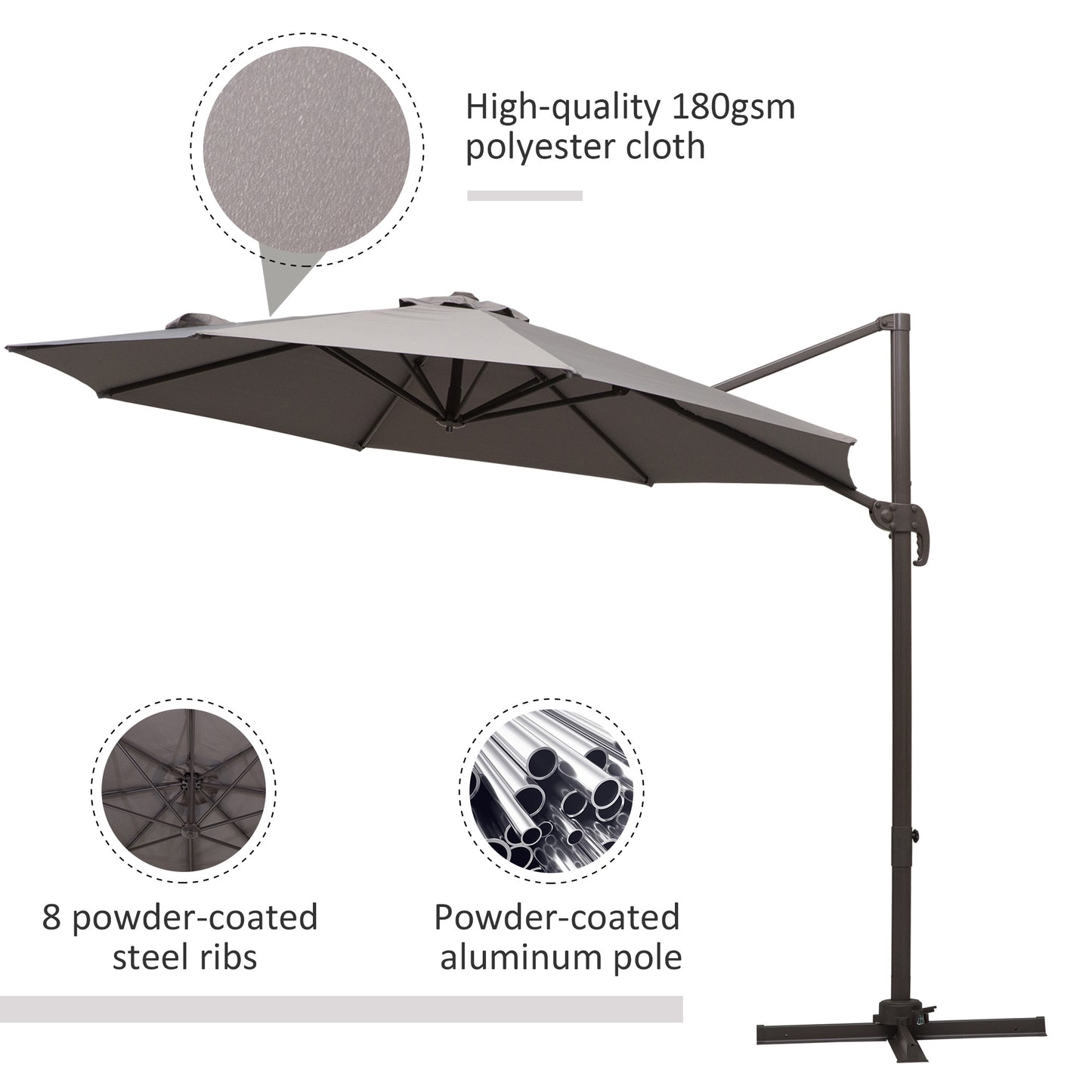 10ft Cantilever Patio Umbrella with 360° Rotation, Crank & Cross Base for Garden Deck Pool Backyard, Grey