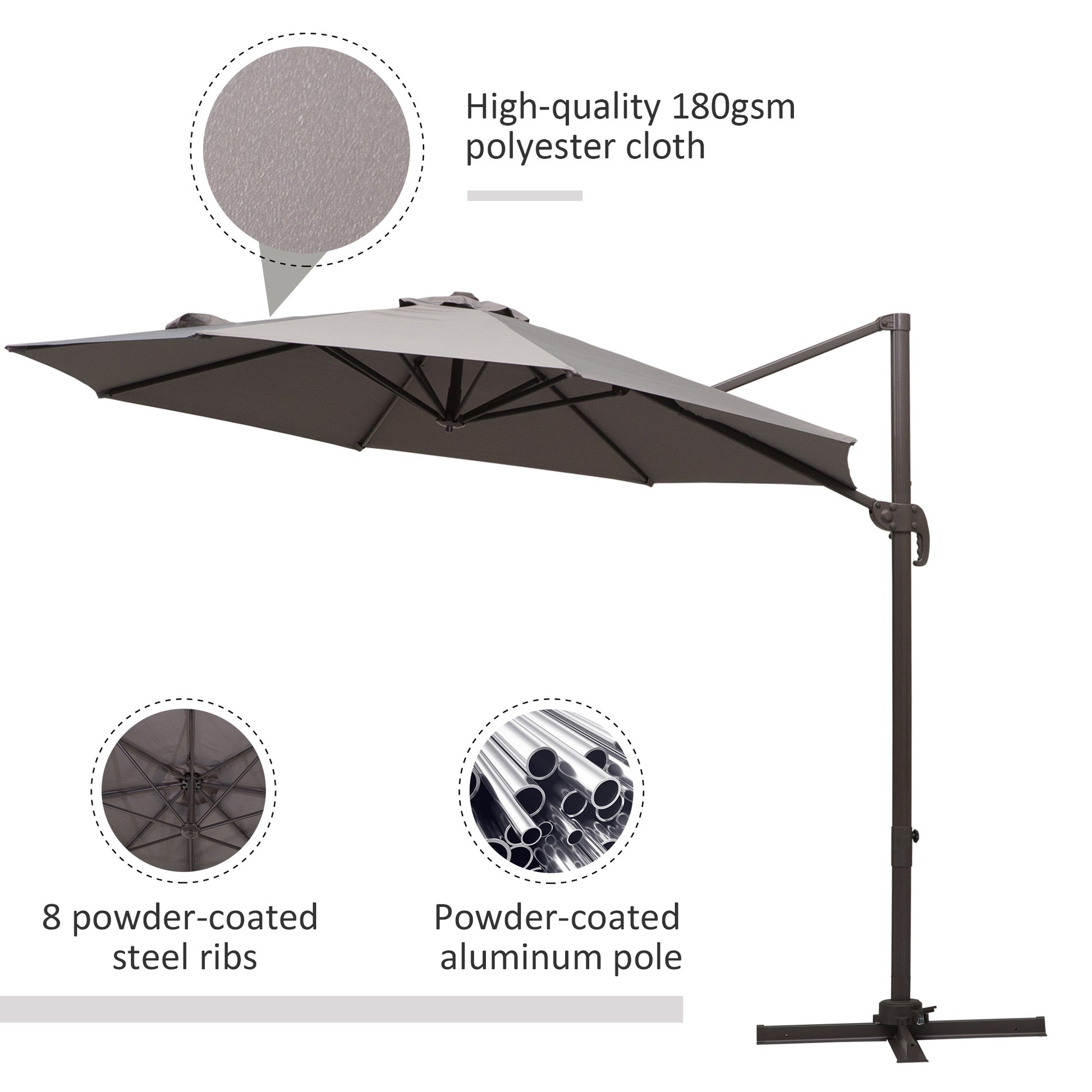 10ft Cantilever Patio Umbrella with 360° Rotation, Crank & Cross Base for Garden Deck Pool Backyard, Grey