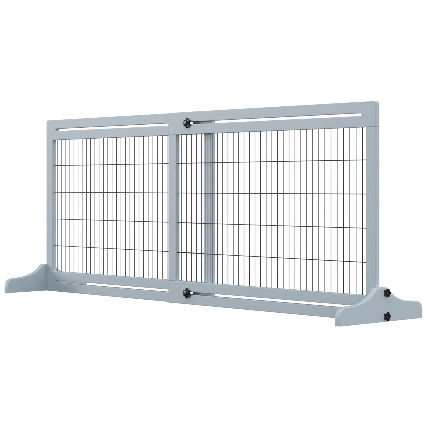 41"-71" Wooden Freestanding Pet Gate with Support Feet, for Small Medium Dogs, Grey-Blue