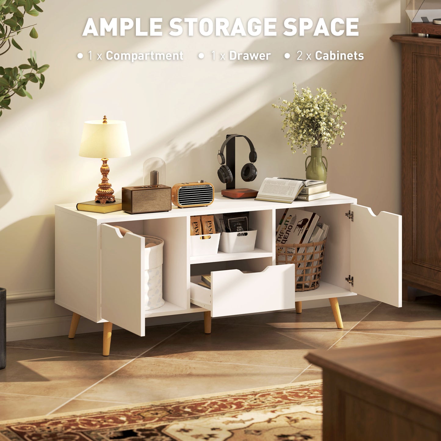 TV Stand with Storage for up to 50" TV, Modern TV Table with Open Shelf, Drawer and 2 Cabinets, White