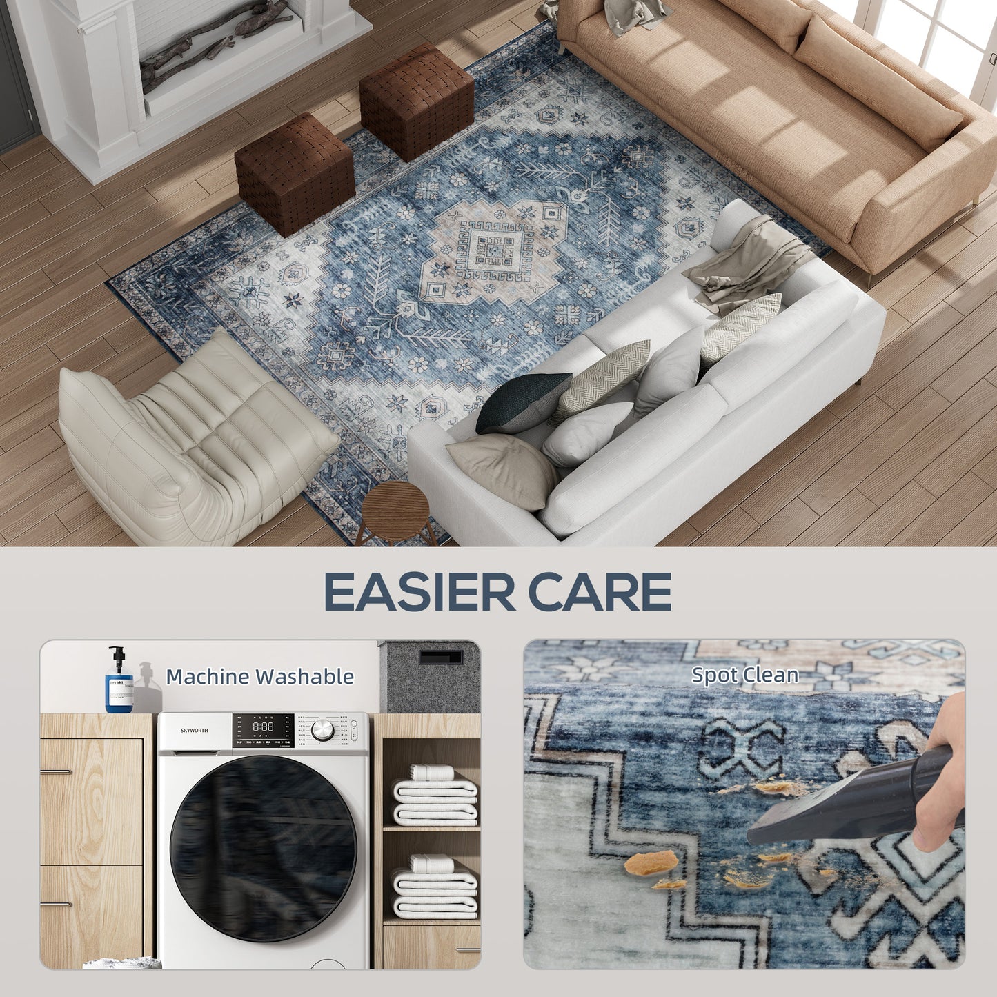 5x7 Area Rug, Vintage Machine Washable Rug, Non-Slip Floor Carpet for Living Room, Bedroom, Dining Room, Blue