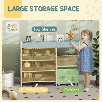 Qaba Kids Toy Storage Organizer with 11 Bins, Moveable Cabinet, Top Shelves, 3 Stickers, for Nursery, Playroom, White