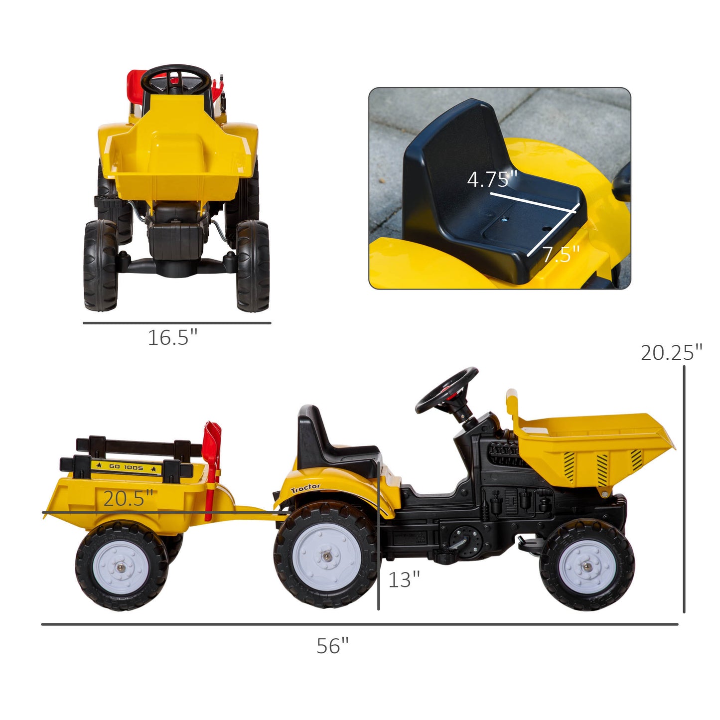 Aosom Ride on Toy Dump Truck for Kids, Pedal Construction Car with Detachable Trailer for 3 Year Old, Yellow