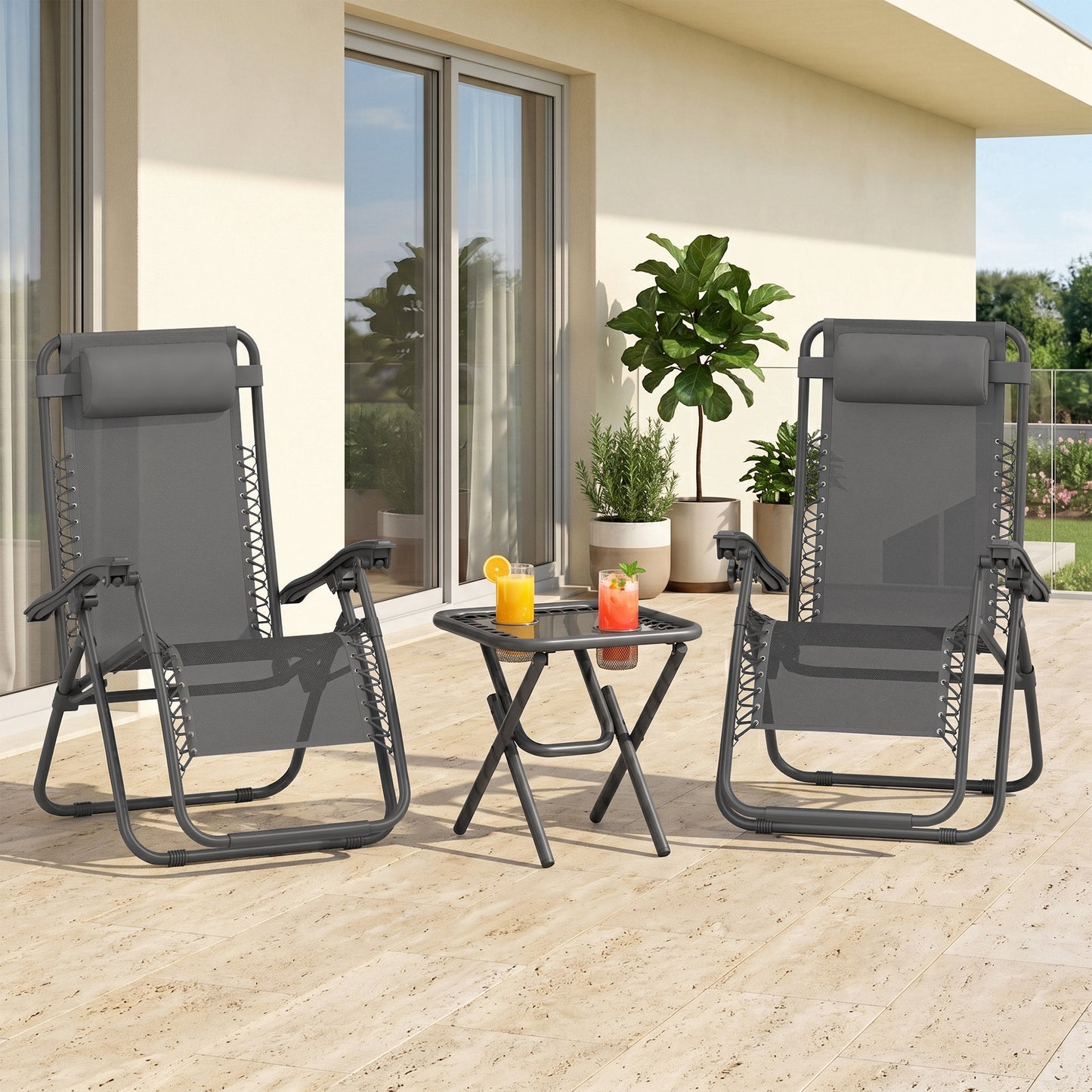 Zero Gravity Chair Set of 2 Patio Chair with Side Table Cupholders and Pillows for Pool, Backyard, Lawn, Beach, Grey