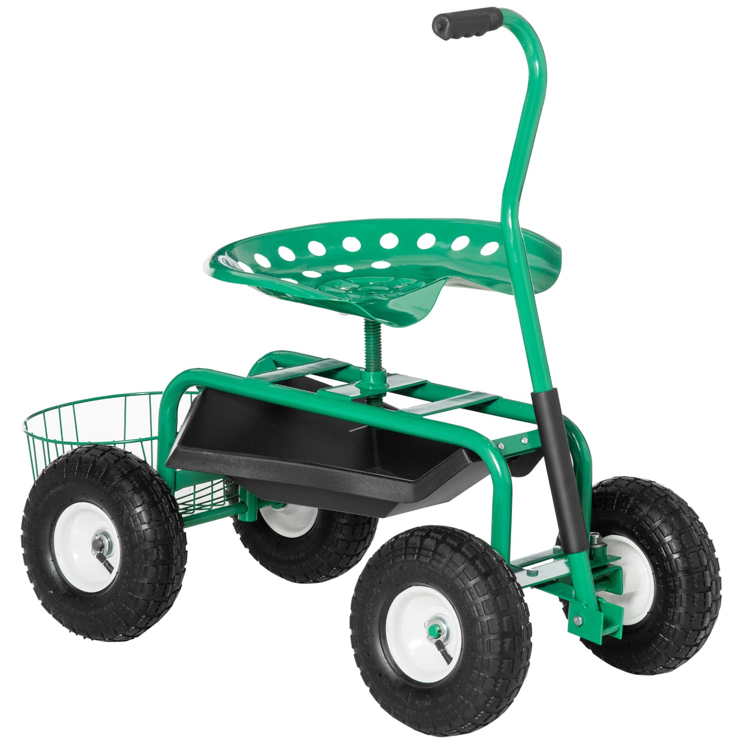 Garden Scooter, Rolling Cart with Swivel and Adjustable Seat, Tool Tray, Bucket Basket, Green and Black