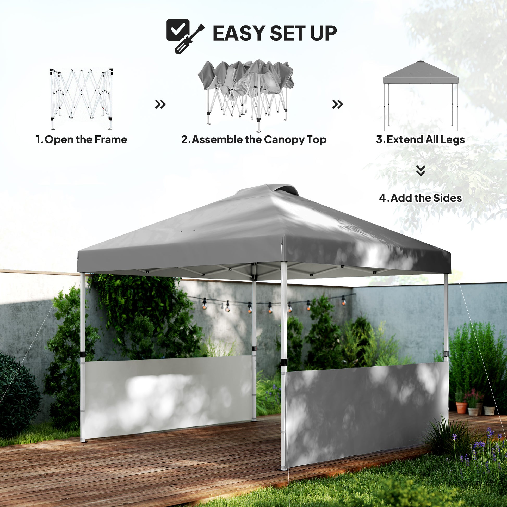 10' x 10' Pop Up Canopy Tent with 2 Half Sidewalls, UV50+ Height Adjustable Instant Sun Shelter, Dark Grey