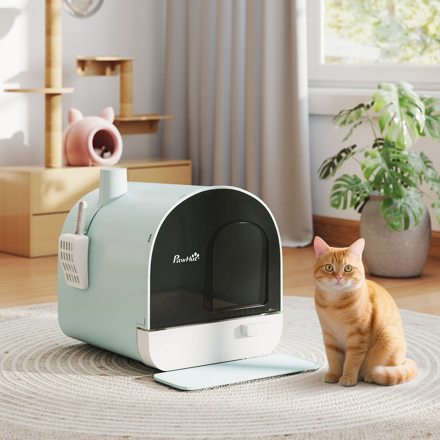 Cat Litter Box with Lid, Removable Tray, Scoop, Filter, Green