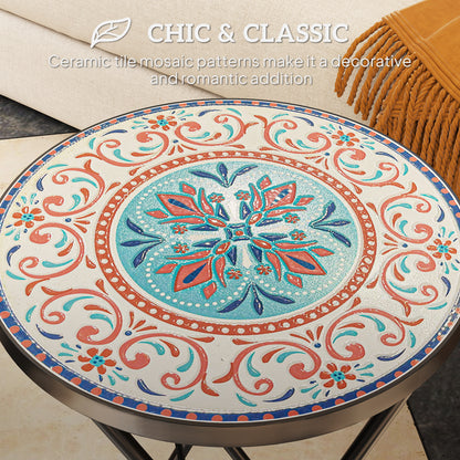 Mosaic Outdoor Patio Side Table, 14" Round Folding Outdoor Coffee Table with Steel Frame for Balcony Deck Patio Terrace, Mixed Colour
