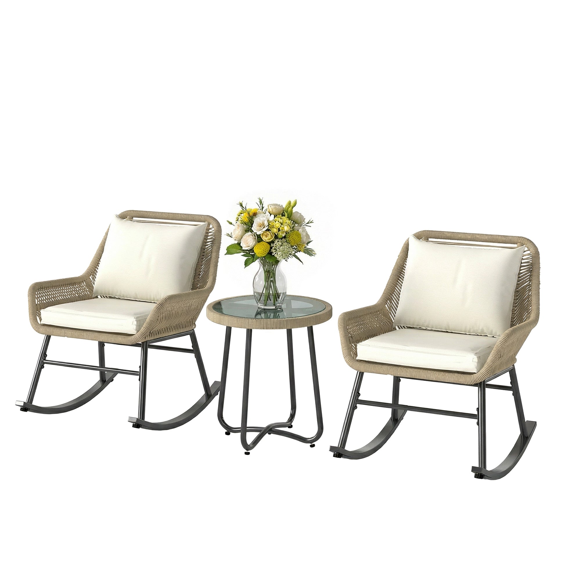 3 Piece Rocking Bistro Set Outdoor Patio Furniture Set with Cushions, Glass Coffee Table for Balcony, Cream White