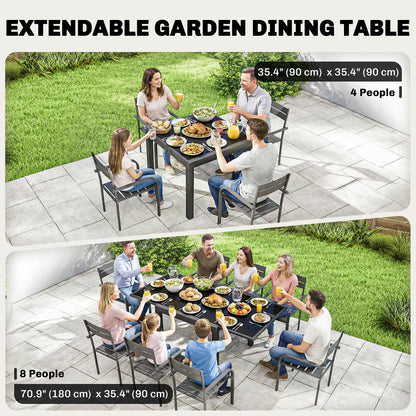Aluminum Expandable Outdoor Dining Table with Tempered Glass Tabletop and Aluminum Frame, for Garden, Backyard, Black