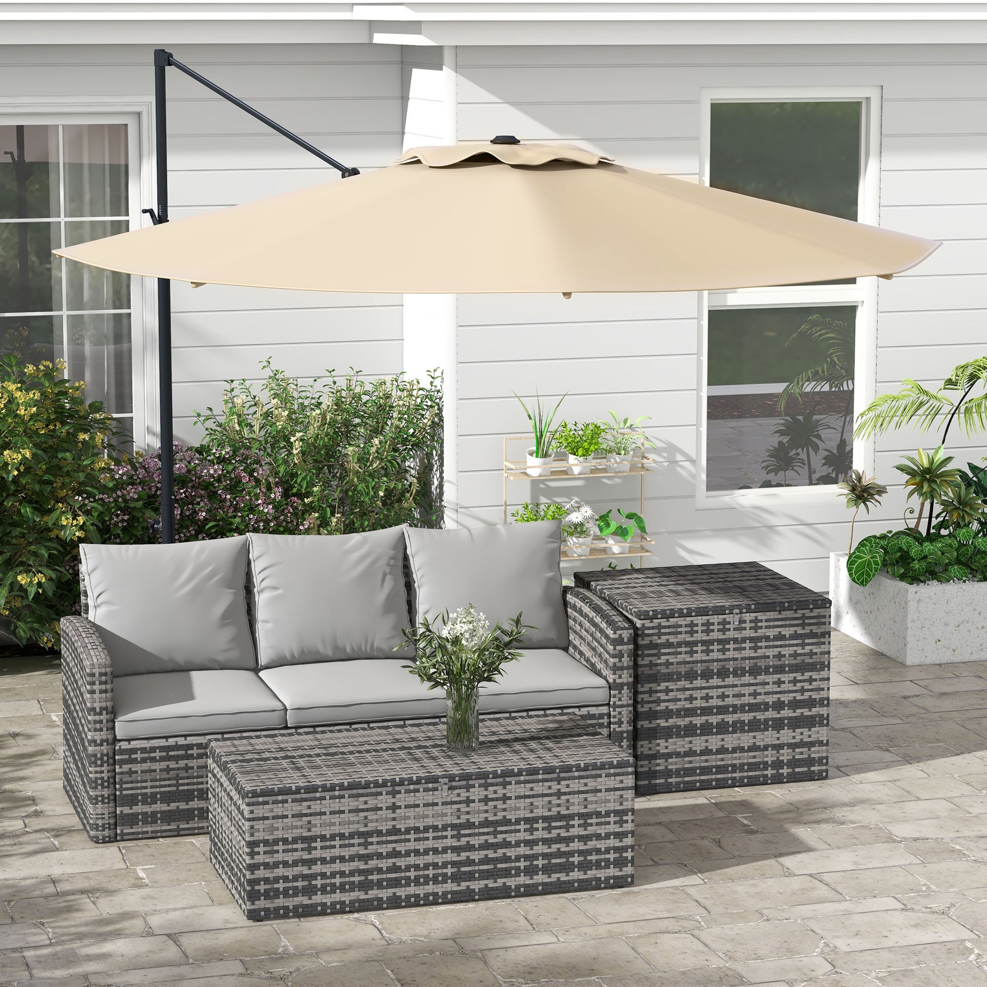 10 FT Cantilever Umbrella, Aluminum Hanging Offset Umbrella with 360°Rotation, Crank, Tilt, Cross Base, Khaki