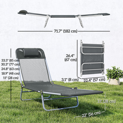 Folding Lounge Chair, Portable Tanning Chair with Adjustable Backrest, Pillow for Beach Poolside Patio, Dark Grey