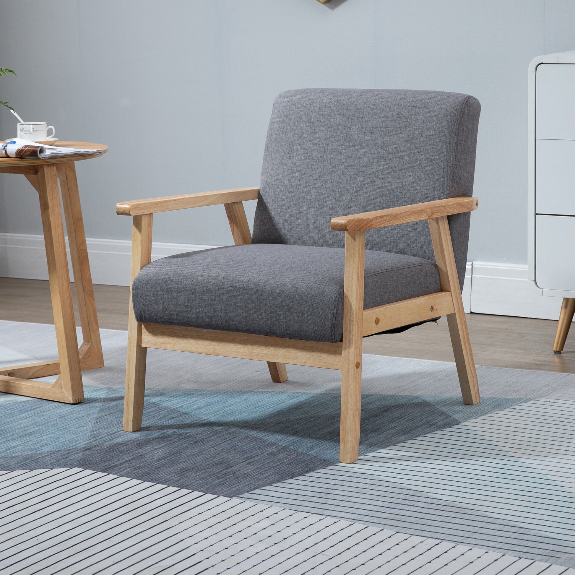 Minimalistic Accent Chairs Wood Frame w/ Thick Linen Cushions Wide Seat Armchair for Bedroom Office, Grey
