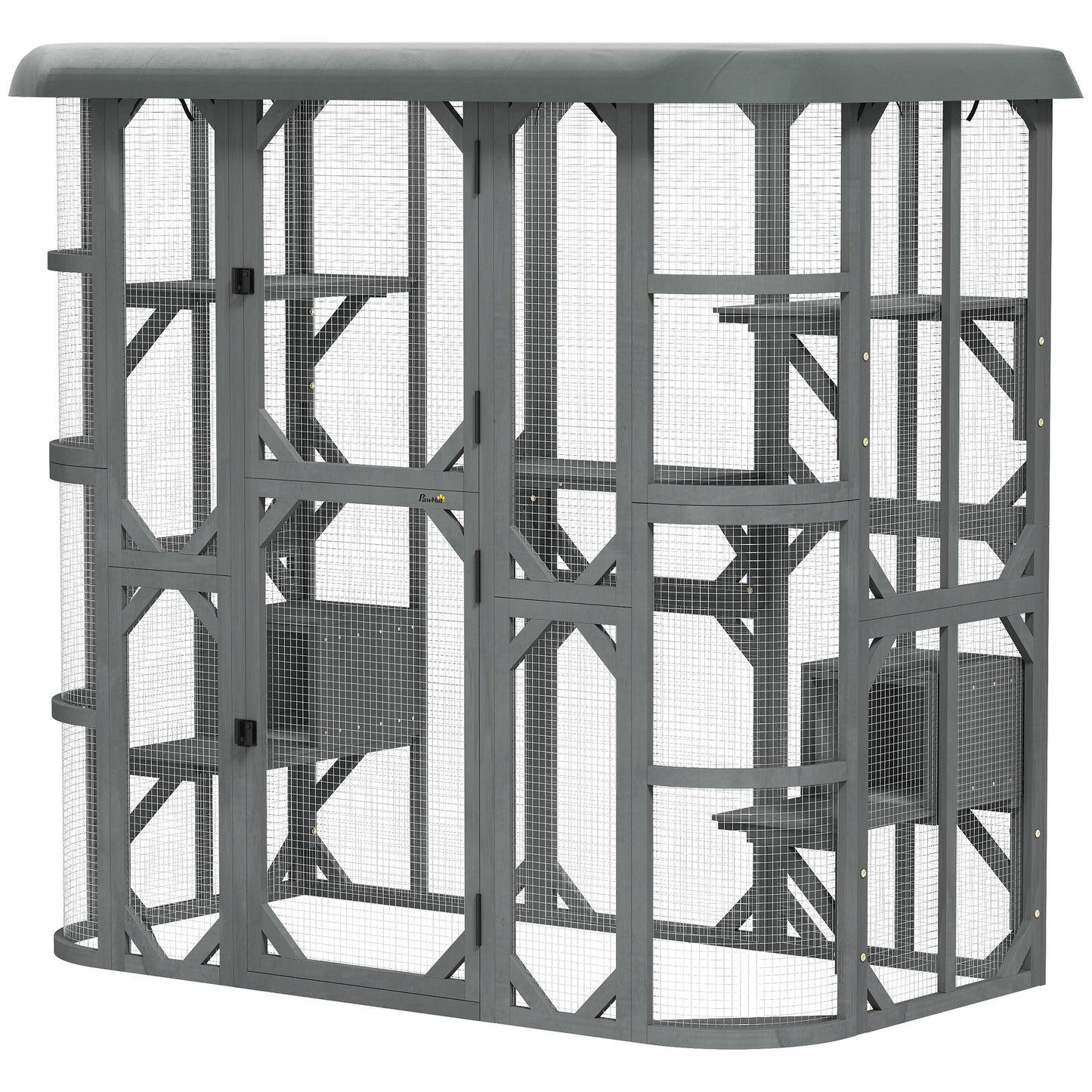 Catio Outdoor Cat Enclosure, 71" Wooden Cat House with Platforms, Condos and Waterproof Cover for 2–3 Kittens, Grey